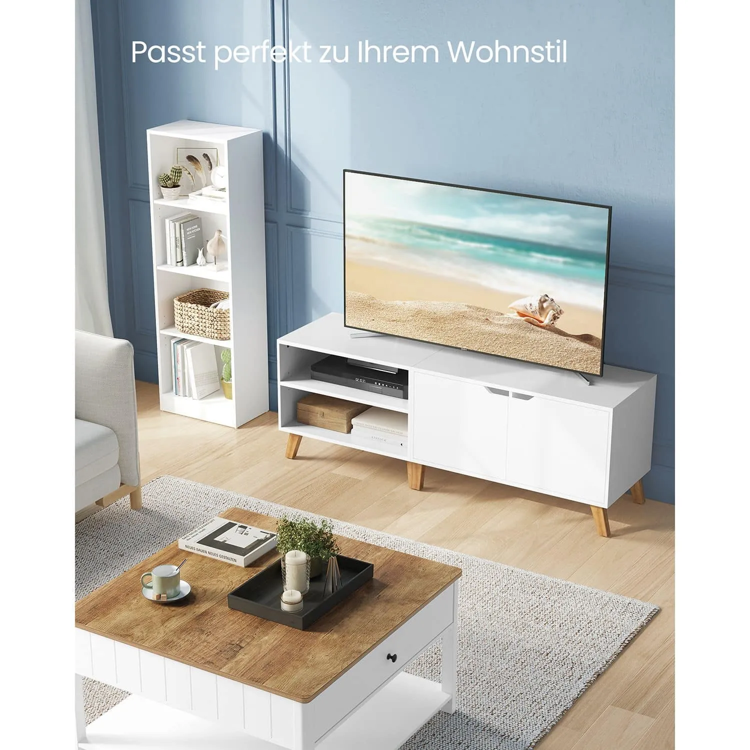 Baltas modernus TV staliukas 140cm pločio su durelėmis ir lentynomis Baltas modernus TV staliukas 140cm pločio su durelėmis ir lentynomis Svetainė