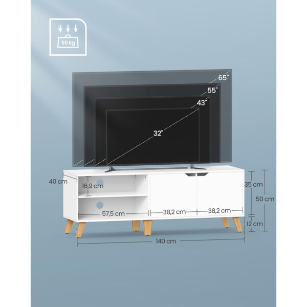 Baltas modernus TV staliukas 140cm pločio su durelėmis ir lentynomis 4