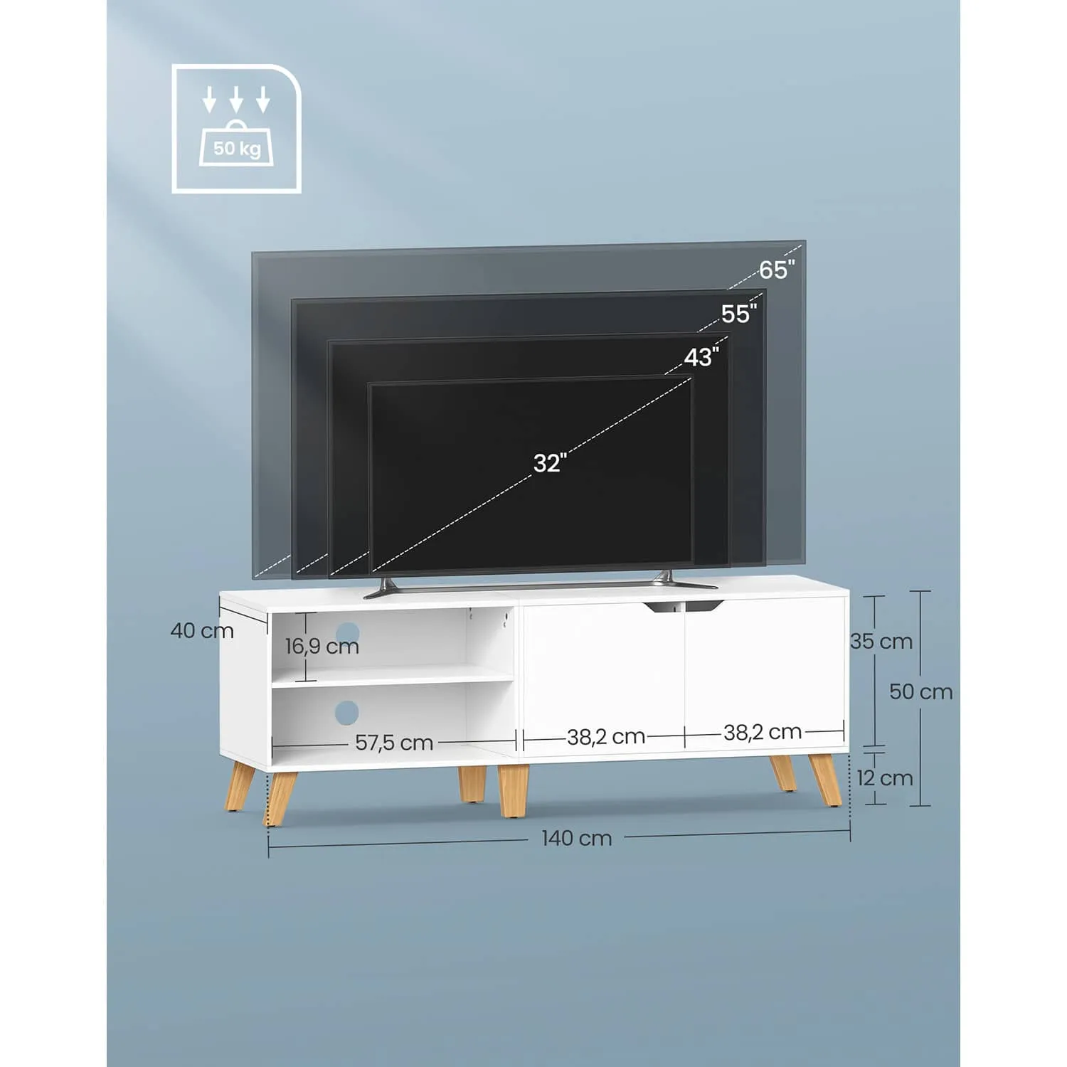 Baltas modernus TV staliukas 140cm pločio su durelėmis ir lentynomis Baltas modernus TV staliukas 140cm pločio su durelėmis ir lentynomis Svetainė