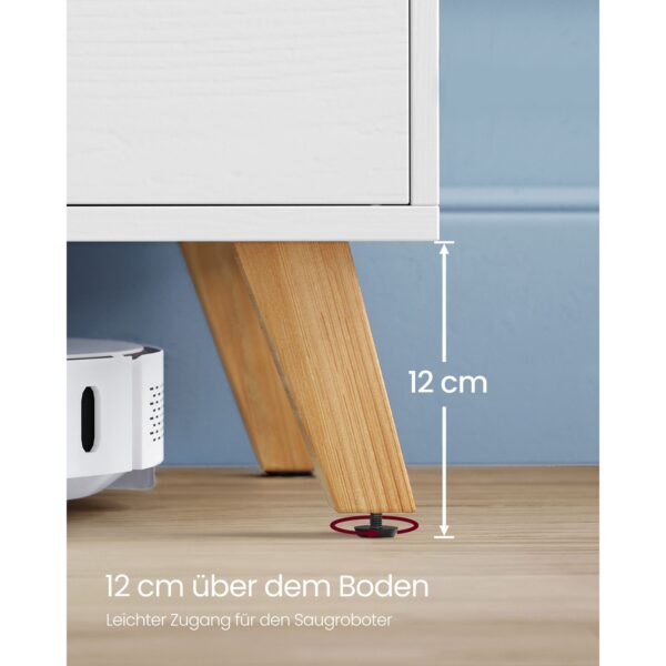 Baltas modernus TV staliukas 140cm pločio su durelėmis ir lentynomis 6