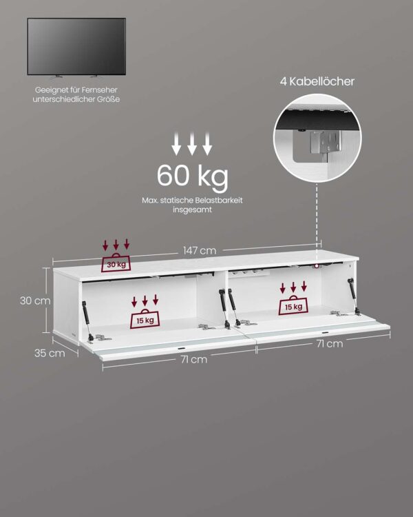 Pakabinama TV spintelė su LED apšvietimu balta 147cm 6