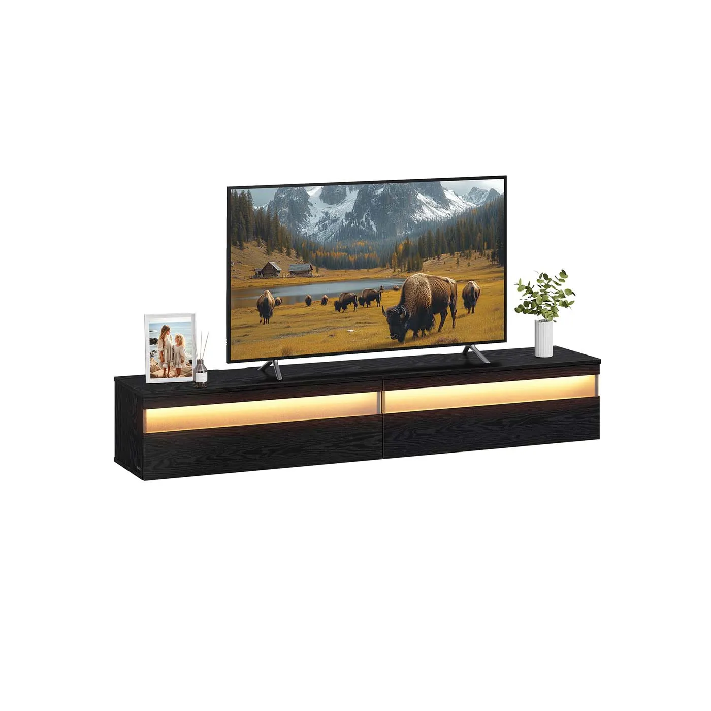 Pakabinama juoda TV spintelė su LED apšvietimu 178cm pločio Pakabinama juoda TV spintelė su LED apšvietimu 178cm pločio Svetainė