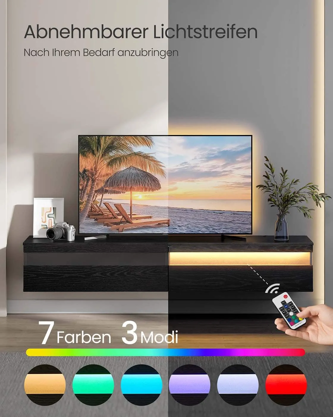 Pakabinama juoda TV spintelė su LED apšvietimu 178cm pločio Pakabinama juoda TV spintelė su LED apšvietimu 178cm pločio Svetainė