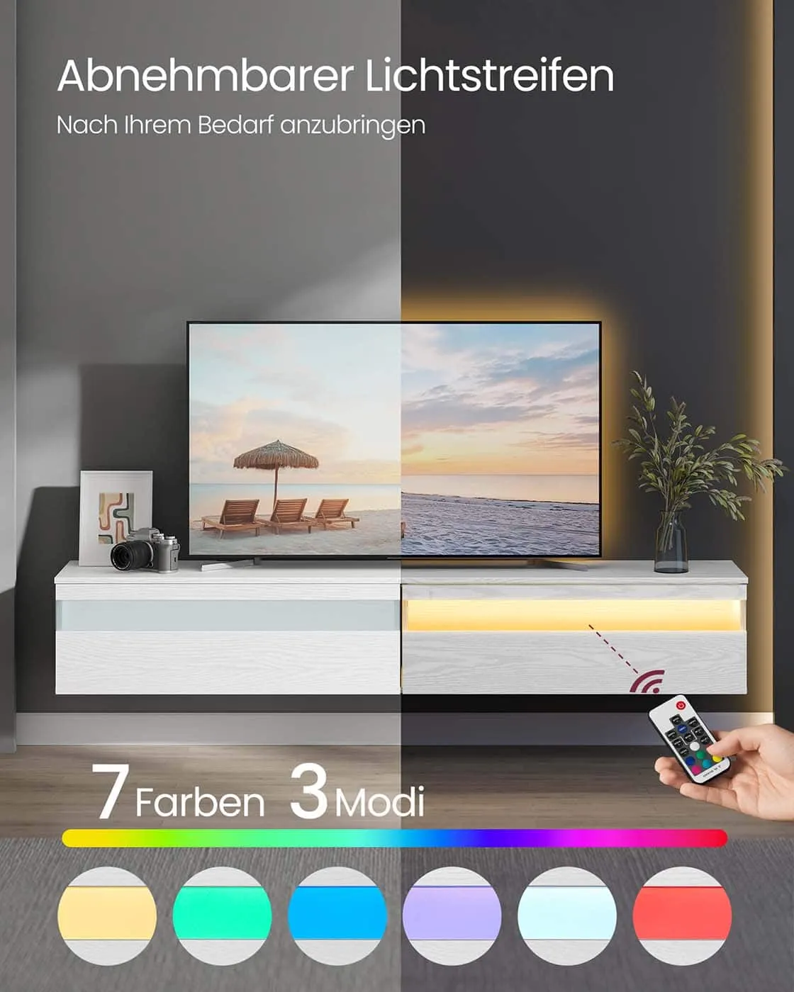 Pakabinama balta TV spintelė su LED apšvietimu 178cm pločio Pakabinama balta TV spintelė su LED apšvietimu 178cm pločio Akcija