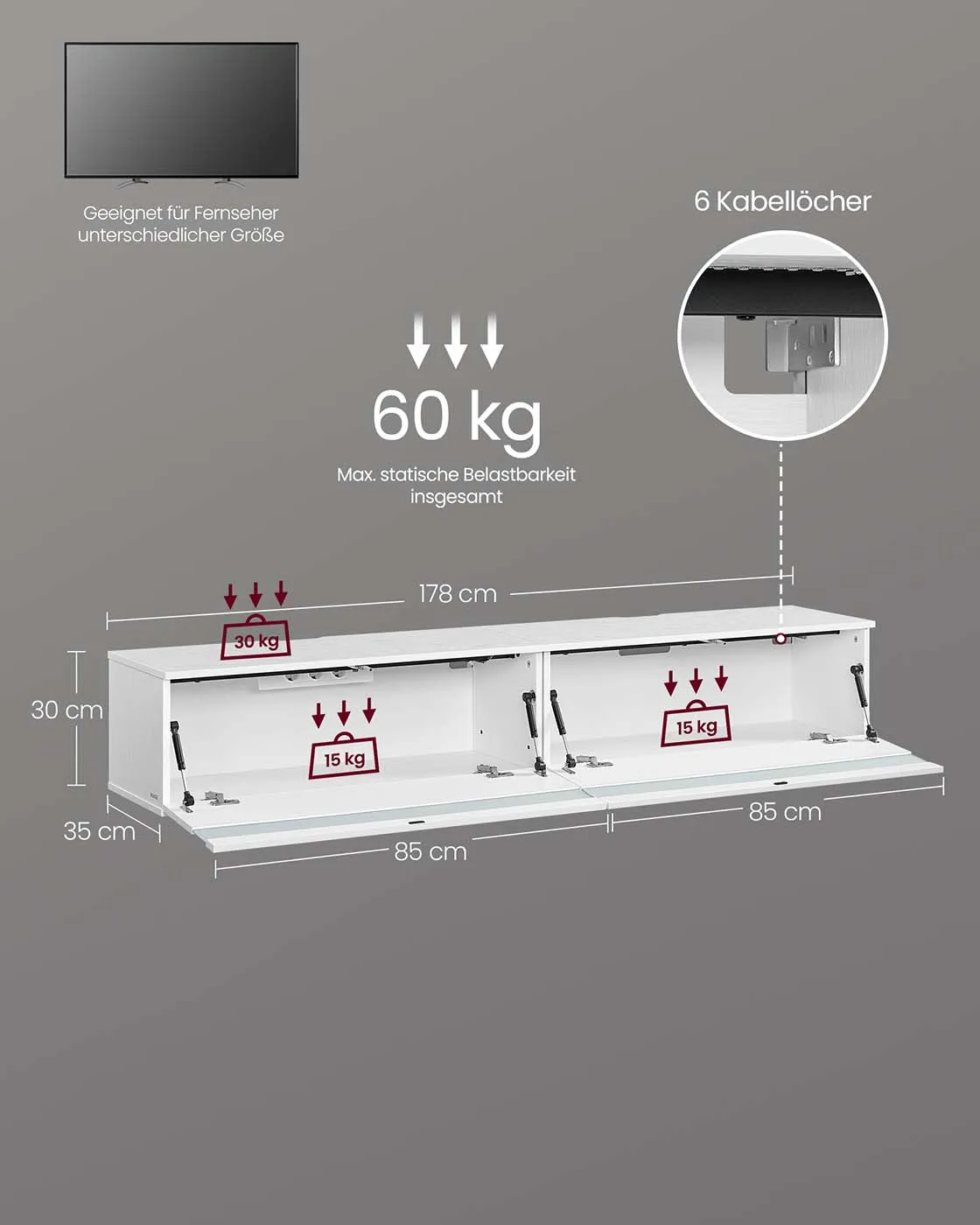 Pakabinama balta TV spintelė su LED apšvietimu 178cm pločio Pakabinama balta TV spintelė su LED apšvietimu 178cm pločio Akcija