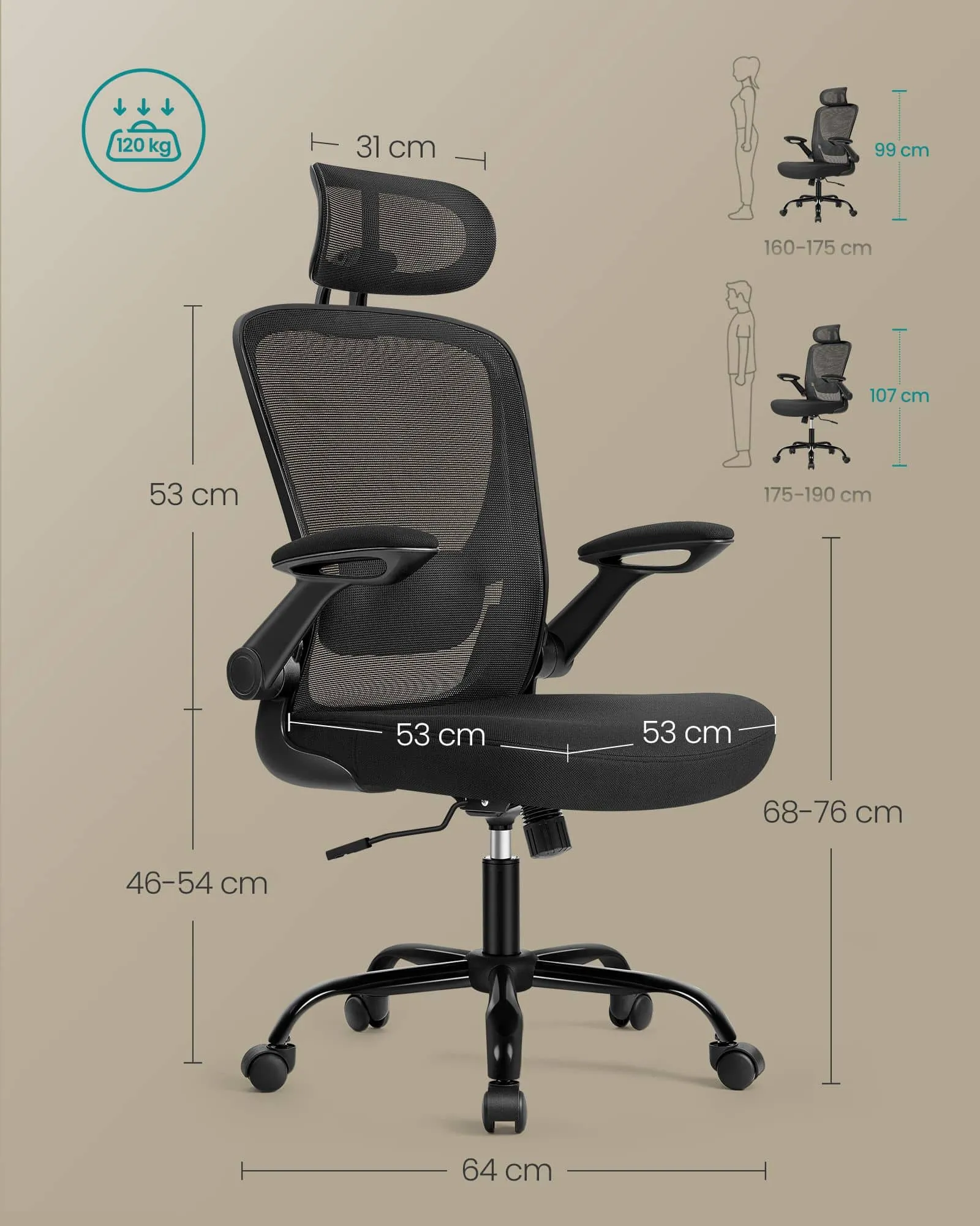 Ergonomiška biuro kėdė su tinkleliu ir reguliuojama atrama, juoda, 120 kg apkrova Ergonomiška biuro kėdė su tinkleliu ir reguliuojama atrama, juoda, 120 kg apkrova Biuras