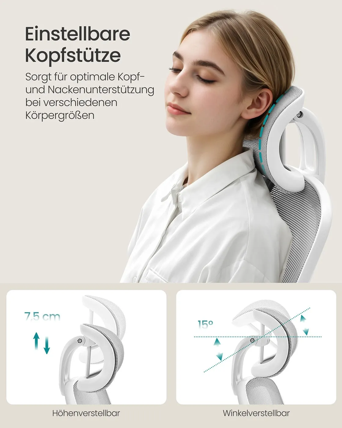 Šviesiai pilka ergonominė biuro kėdė su atramai galvai Šviesiai pilka ergonominė biuro kėdė su atramai galvai Biuras