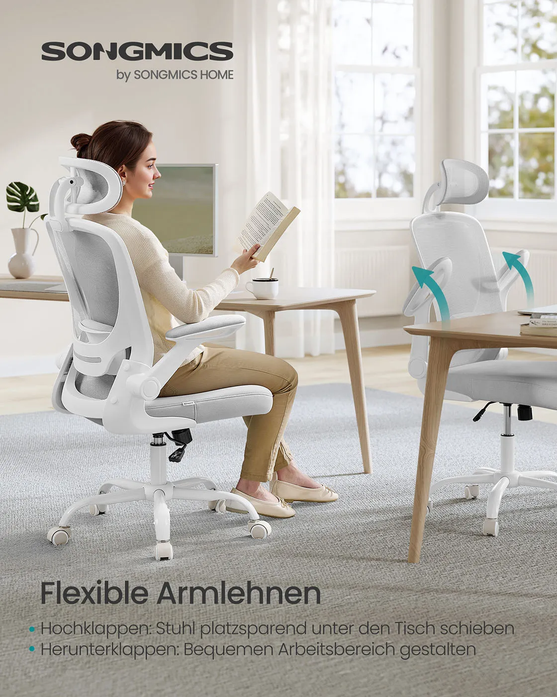 Šviesiai pilka ergonominė biuro kėdė su atramai galvai Šviesiai pilka ergonominė biuro kėdė su atramai galvai Biuras