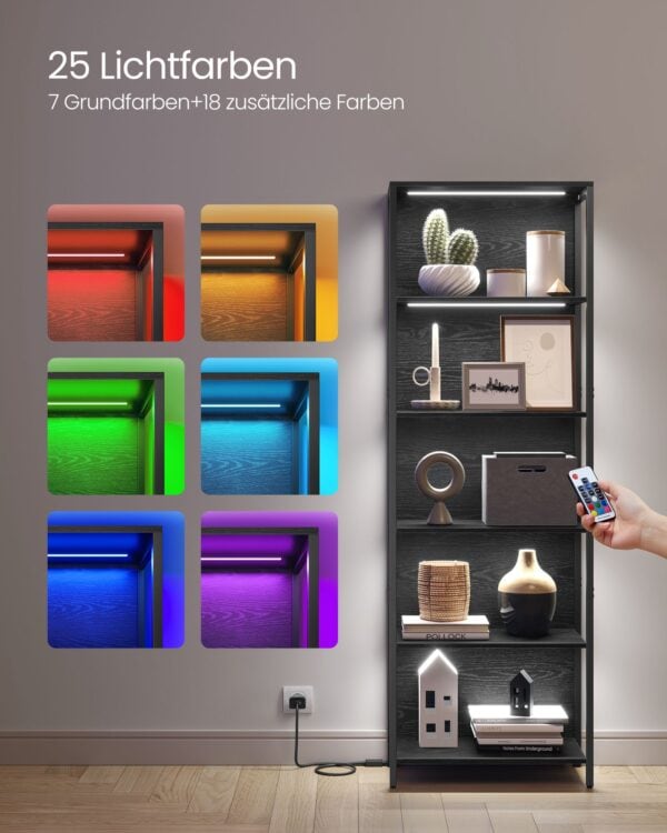 6 dalių knygų lentyna su LED apšvietimu, 60 x 178,6 cm, juoda 3