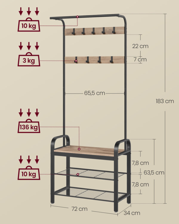 Paltų kabykla su 9 nuimamais kabliukais, rusva–juoda, 183 cm 6