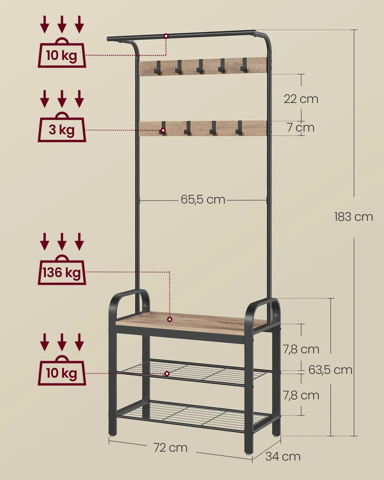 Paltų kabykla su 9 nuimamais kabliukais, rusva–juoda, 183 cm Paltų kabykla su 9 nuimamais kabliukais, rusva–juoda, 183 cm Drabužių kabyklos