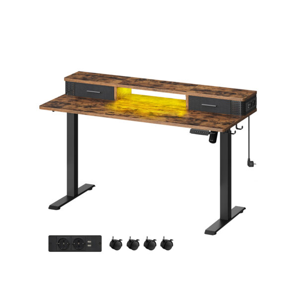 Elektrinis stalas su reguliuojamu aukščiu, USB lizdais ir LED apšvietimu – vintažinis rudas, 72–120 cm