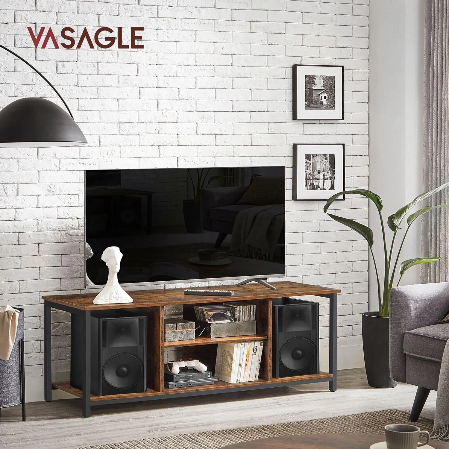 TV spintelė su atvirais skyriais, 40 x 120 x 50 cm, vintažinė, ruda–juoda TV spintelė su atvirais skyriais, 40 x 120 x 50 cm, vintažinė, ruda–juoda Svetainė