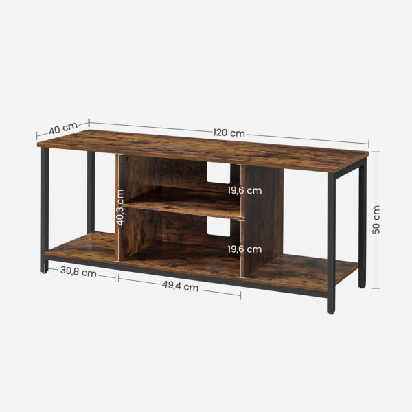 TV spintelė su atvirais skyriais, 40 x 120 x 50 cm, vintažinė, ruda–juoda 4