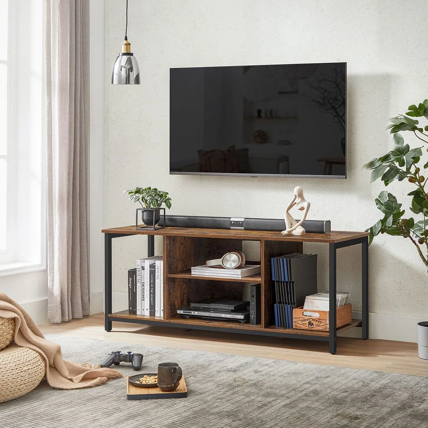 TV spintelė su atvirais skyriais, 40 x 120 x 50 cm, vintažinė, ruda–juoda TV spintelė su atvirais skyriais, 40 x 120 x 50 cm, vintažinė, ruda–juoda Svetainė