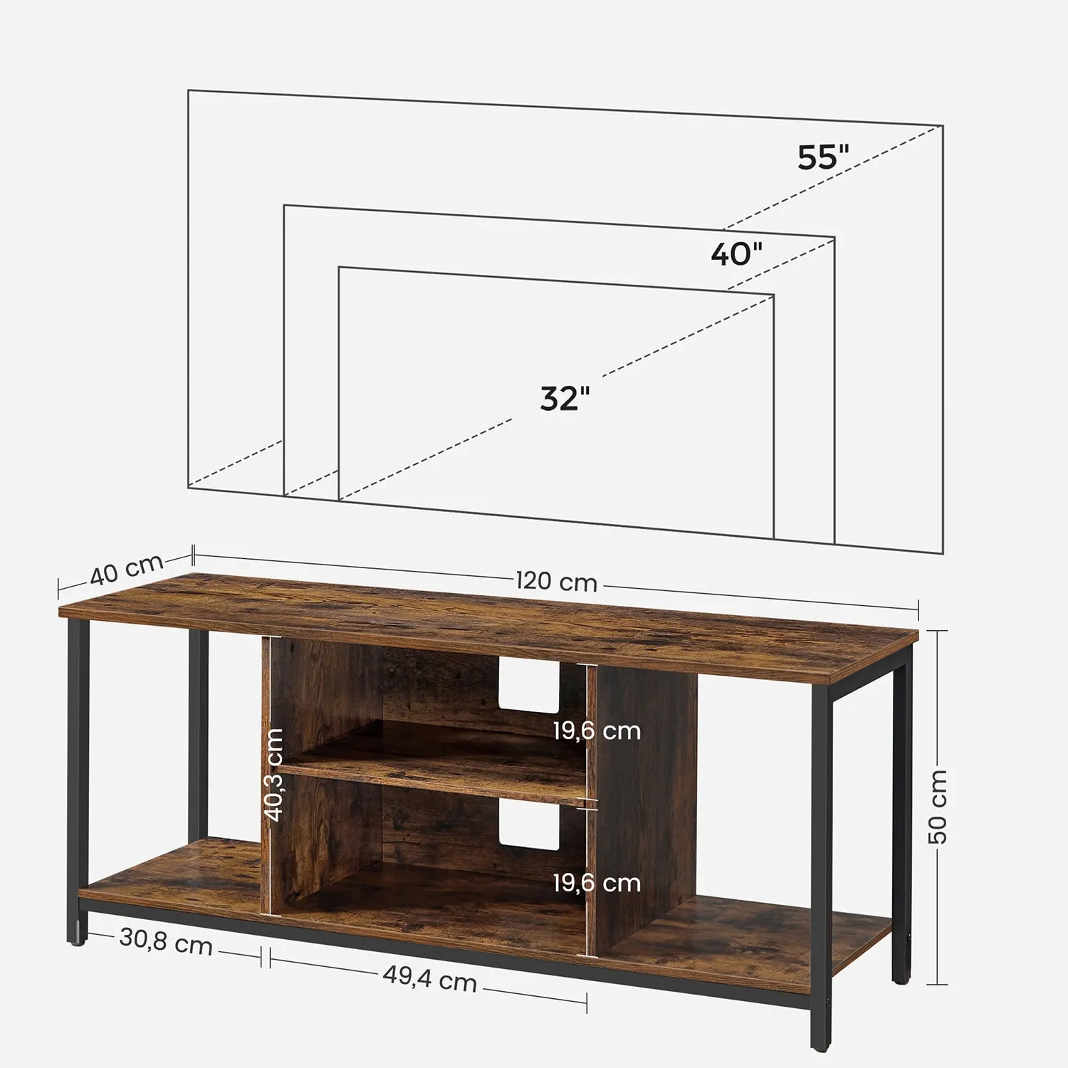 TV spintelė su atvirais skyriais, 40 x 120 x 50 cm, vintažinė, ruda–juoda TV spintelė su atvirais skyriais, 40 x 120 x 50 cm, vintažinė, ruda–juoda Svetainė