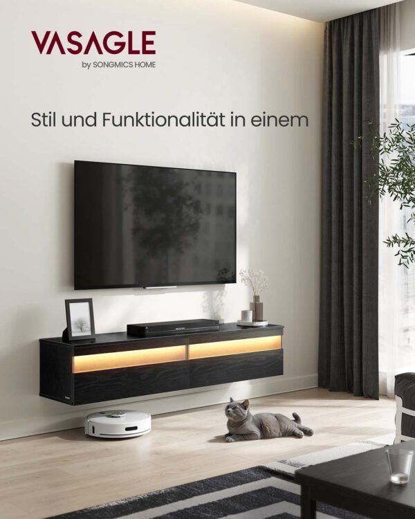 Pakabinama televizoriaus spintelė su LED apšvietimu147 cm juodo metalo spalvos 2