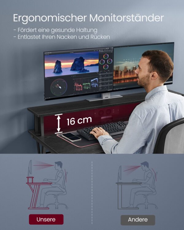 Žaidimų stalas su LED apšvietimu, monitoriaus stovu ir įkrovimo prievadais 6