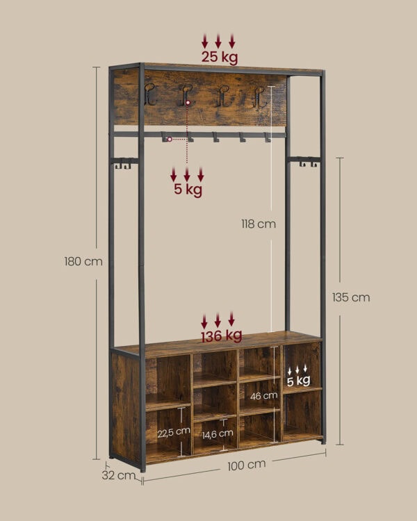 Drabužių kabykla su batų lentyna ir suoliuku, 100 cm pločio, vintažinė ruda–juoda 6