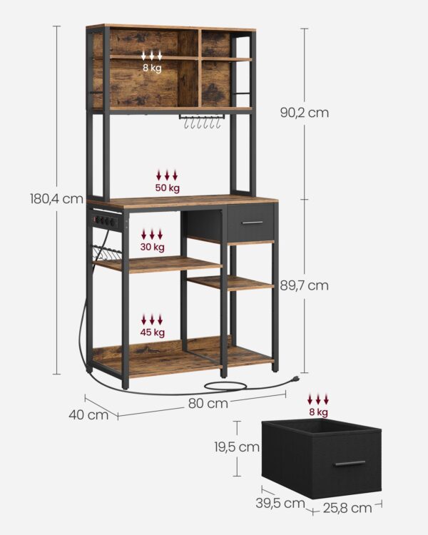 Pastatoma virtuvės lentyna–spintelė su elektros lizdais, 80 x 180 cm, vintažinė ruda–juoda 6