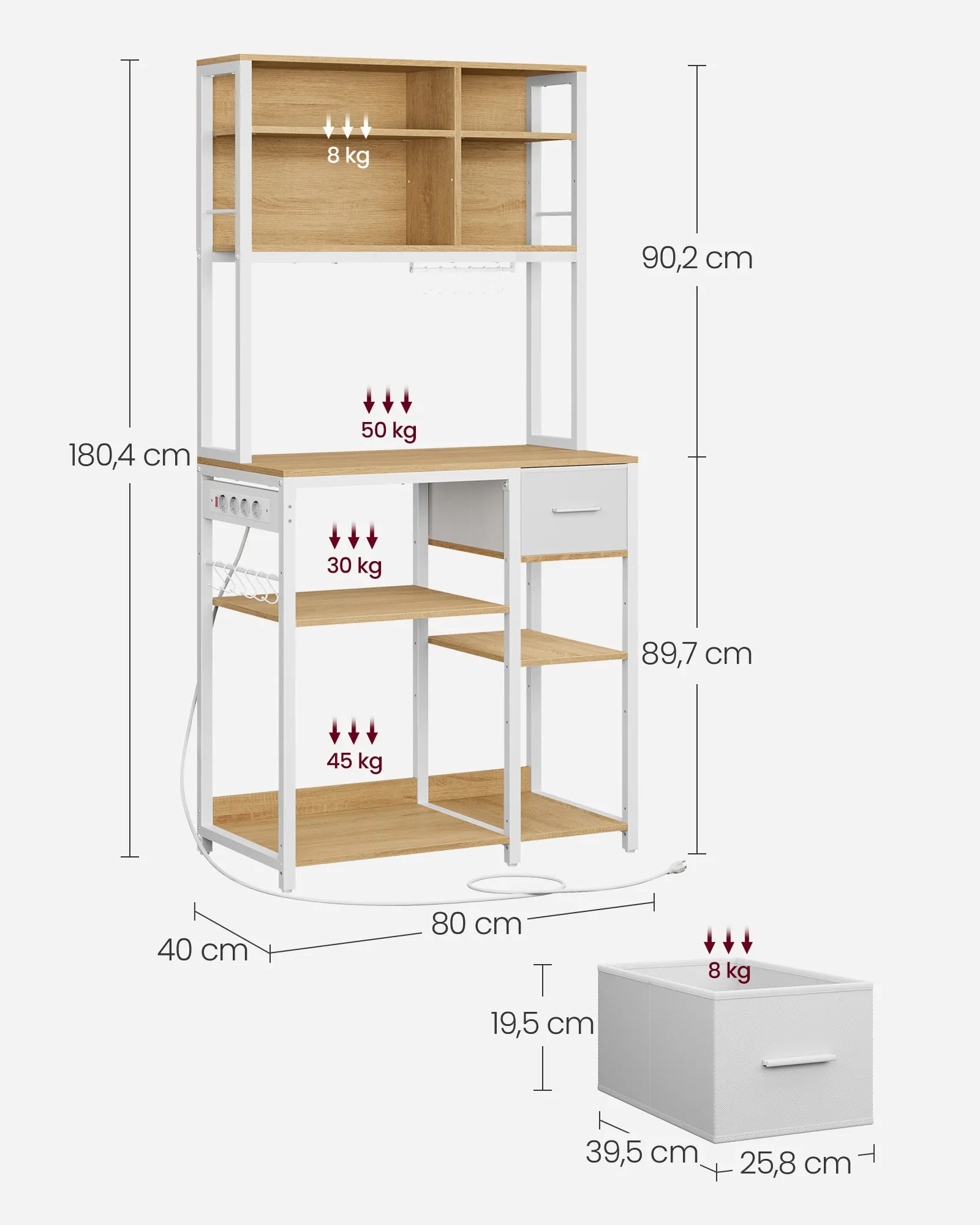 Pastatoma virtuvės lentyna-spintelė 80 x 180 cm, balta su ąžuolo imitacijos lentynomis Pastatoma virtuvės lentyna-spintelė 80 x 180 cm, balta su ąžuolo imitacijos lentynomis Lentynos