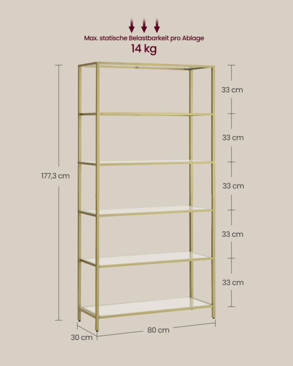 Pastatoma lentyna su stiklinėmis lentynomis, aukso spalvos, 80 cm pločio 6