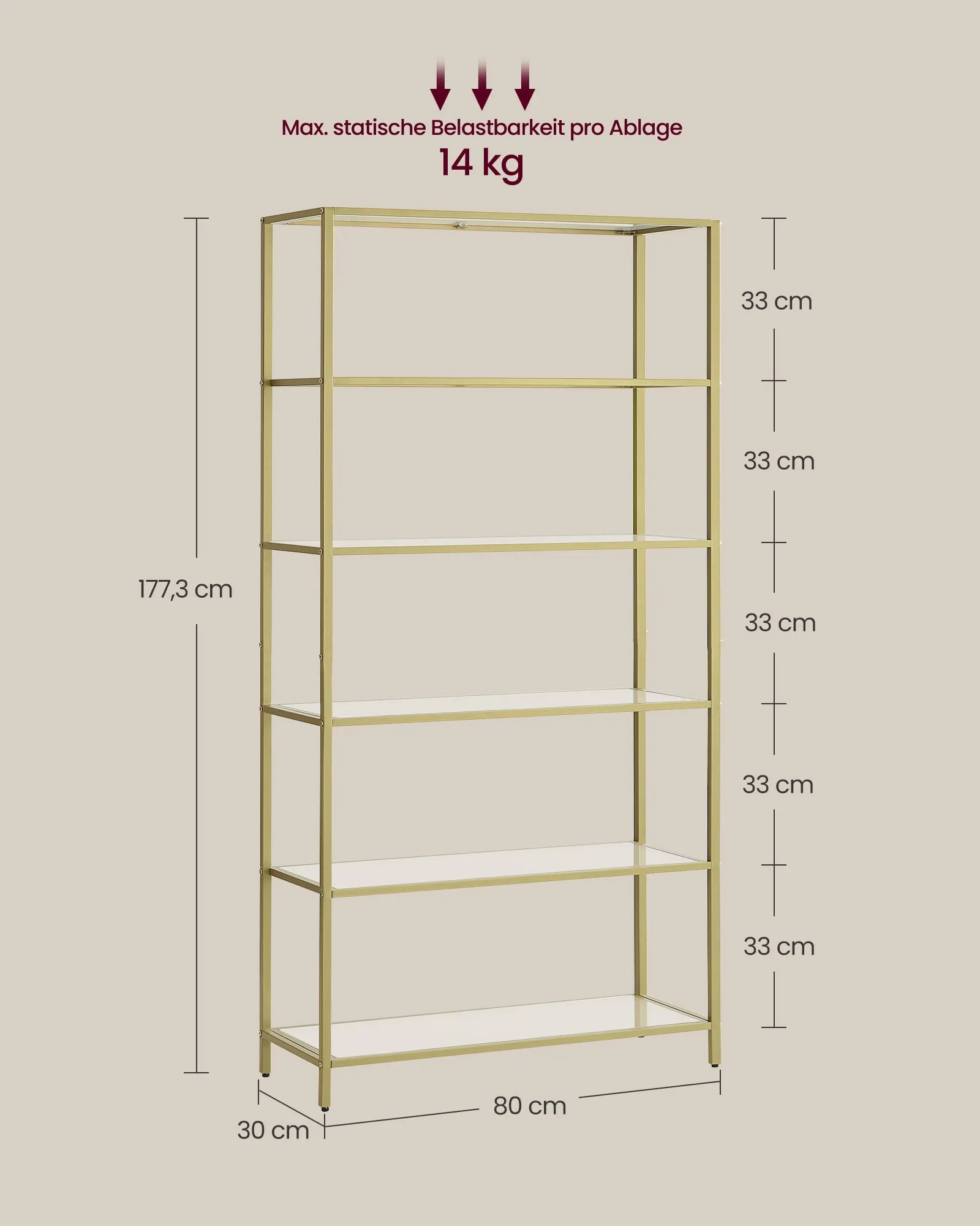 Pastatoma lentyna su stiklinėmis lentynomis, aukso spalvos, 80 cm pločio Pastatoma lentyna su stiklinėmis lentynomis, aukso spalvos, 80 cm pločio Akcija