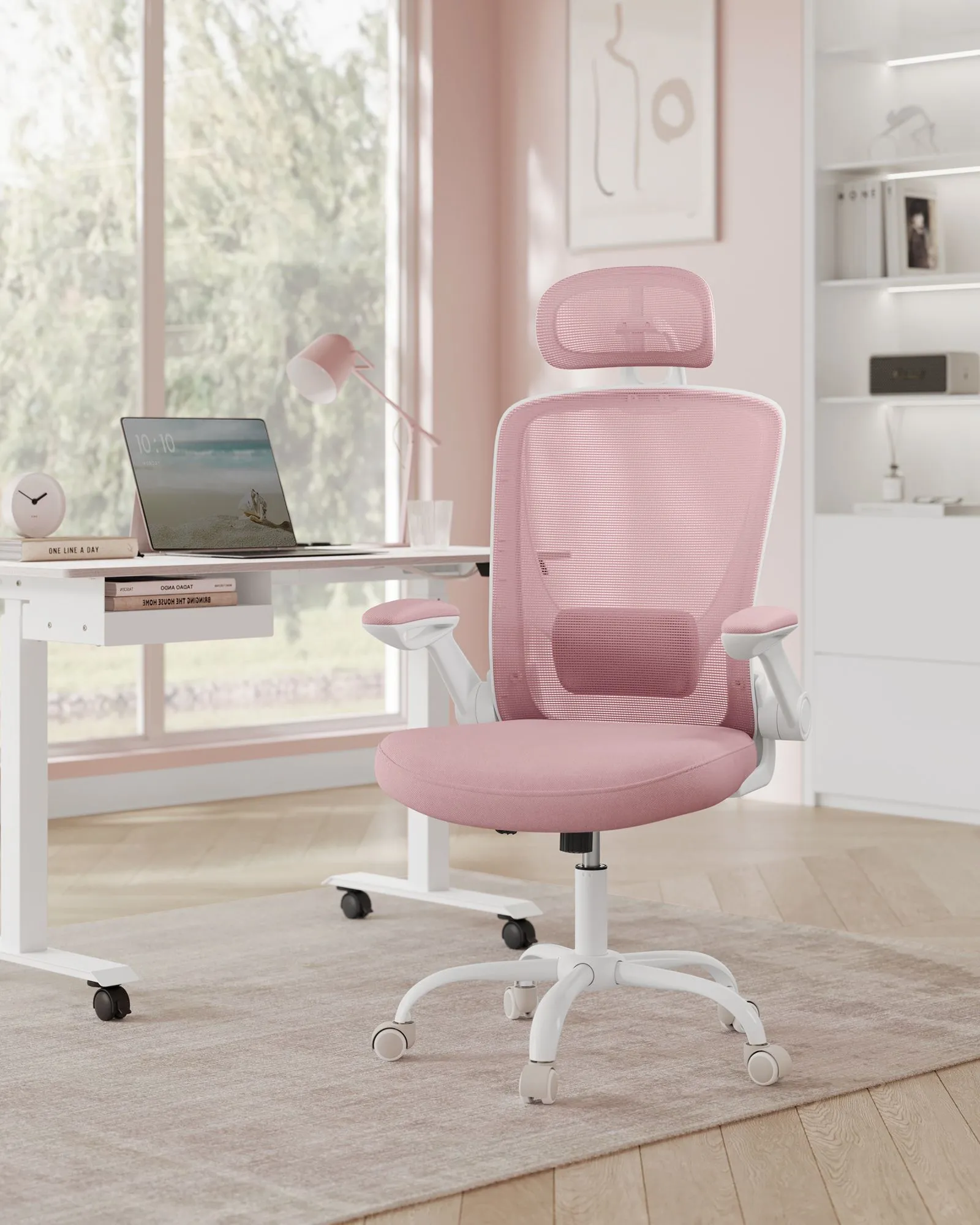 Ergonomiška biuro kėdė su galvos atrama, pastelinės rožinės spalvos Ergonomiška biuro kėdė su galvos atrama, pastelinės rožinės spalvos Biuras