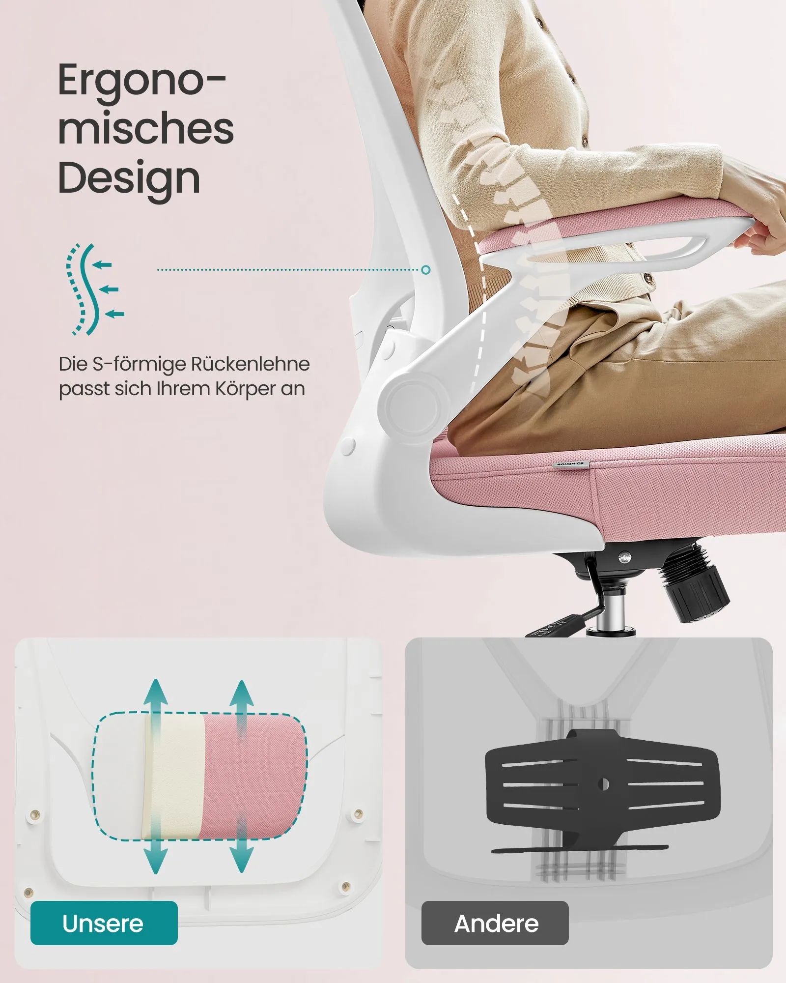Ergonomiška biuro kėdė su galvos atrama, pastelinės rožinės spalvos Ergonomiška biuro kėdė su galvos atrama, pastelinės rožinės spalvos Biuras