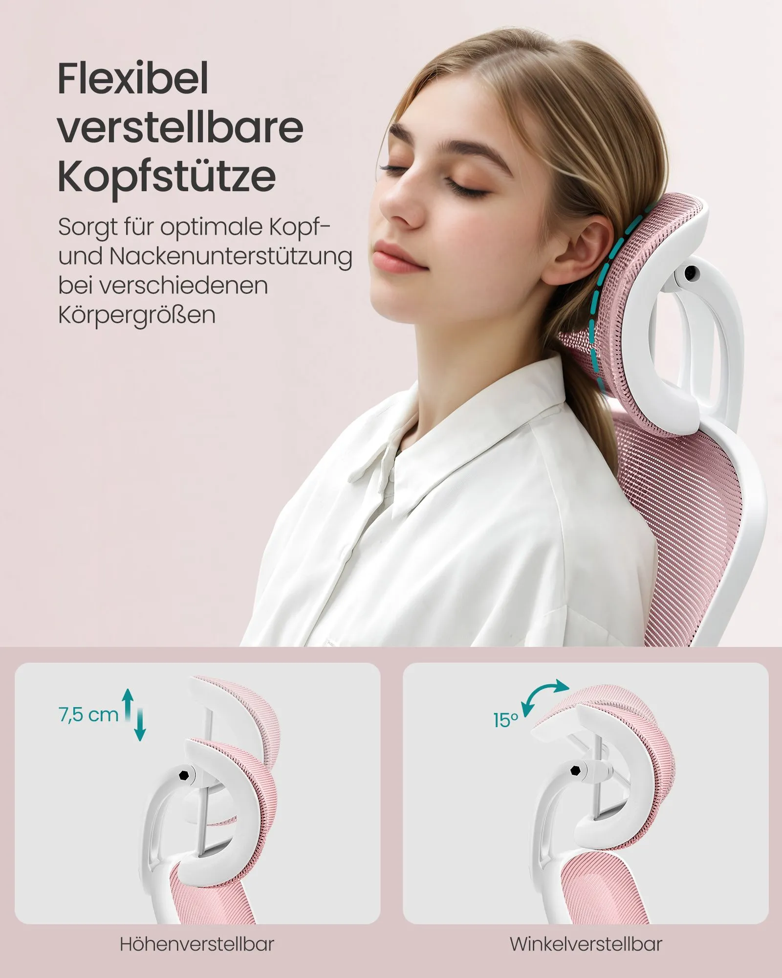 Ergonomiška biuro kėdė su galvos atrama, pastelinės rožinės spalvos Ergonomiška biuro kėdė su galvos atrama, pastelinės rožinės spalvos Biuras