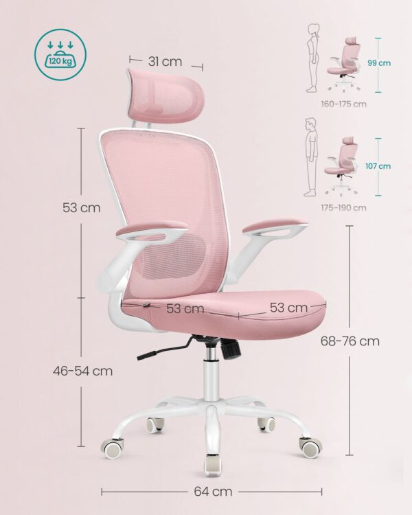 Ergonomiška biuro kėdė su galvos atrama, pastelinės rožinės spalvos 6