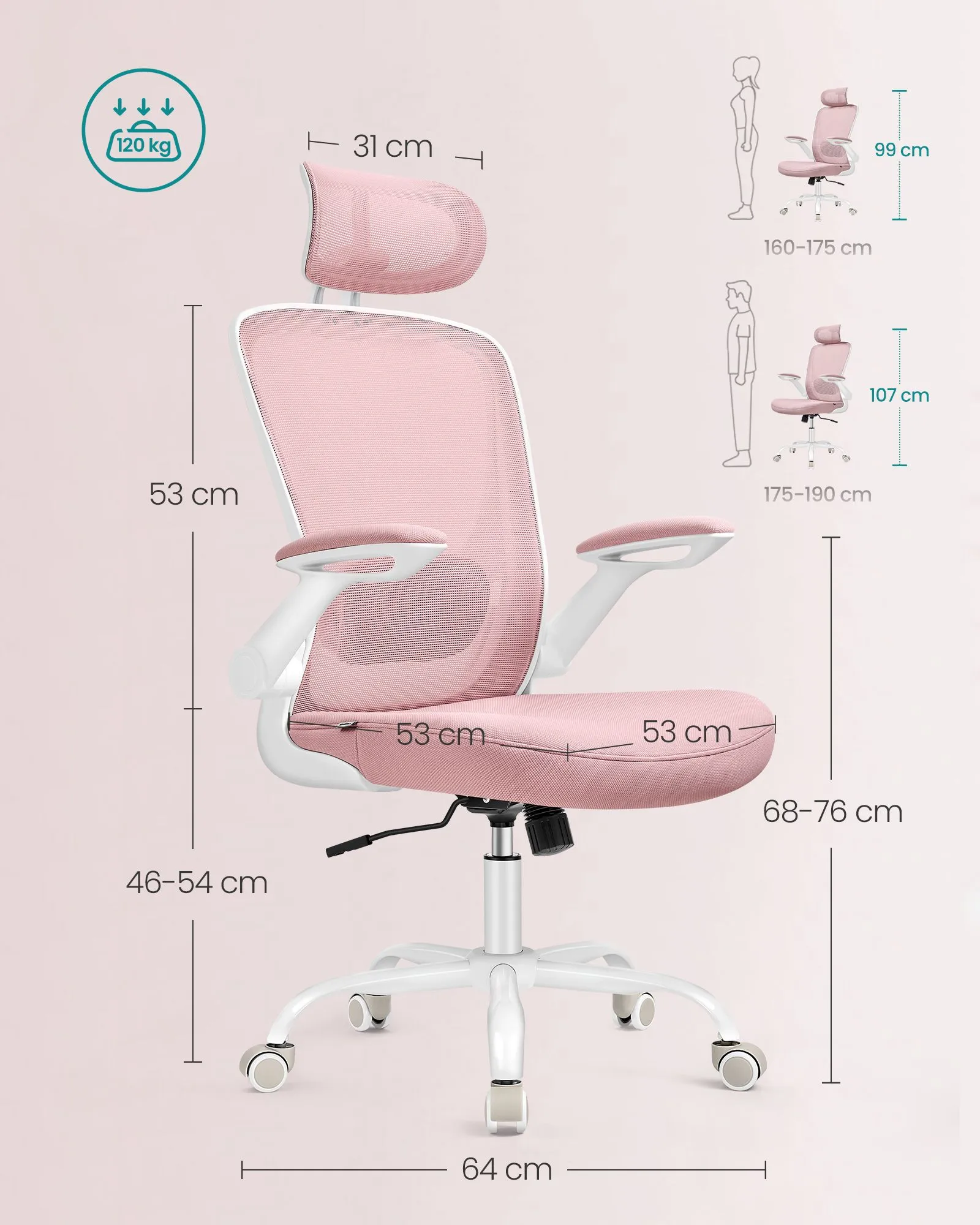 Ergonomiška biuro kėdė su galvos atrama, pastelinės rožinės spalvos Ergonomiška biuro kėdė su galvos atrama, pastelinės rožinės spalvos Biuras
