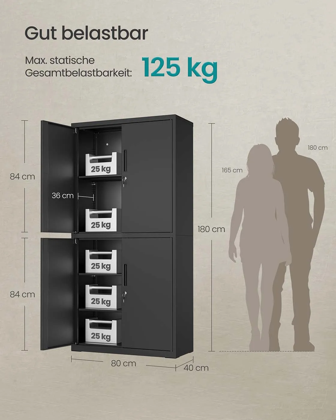 Dokumentų spinta su 4 durelėmis ir 5 lygiais, 40 x 80 x 180 cm, matinė juoda Dokumentų spinta su 4 durelėmis ir 5 lygiais, 40 x 80 x 180 cm, matinė juoda Plieninės spintos