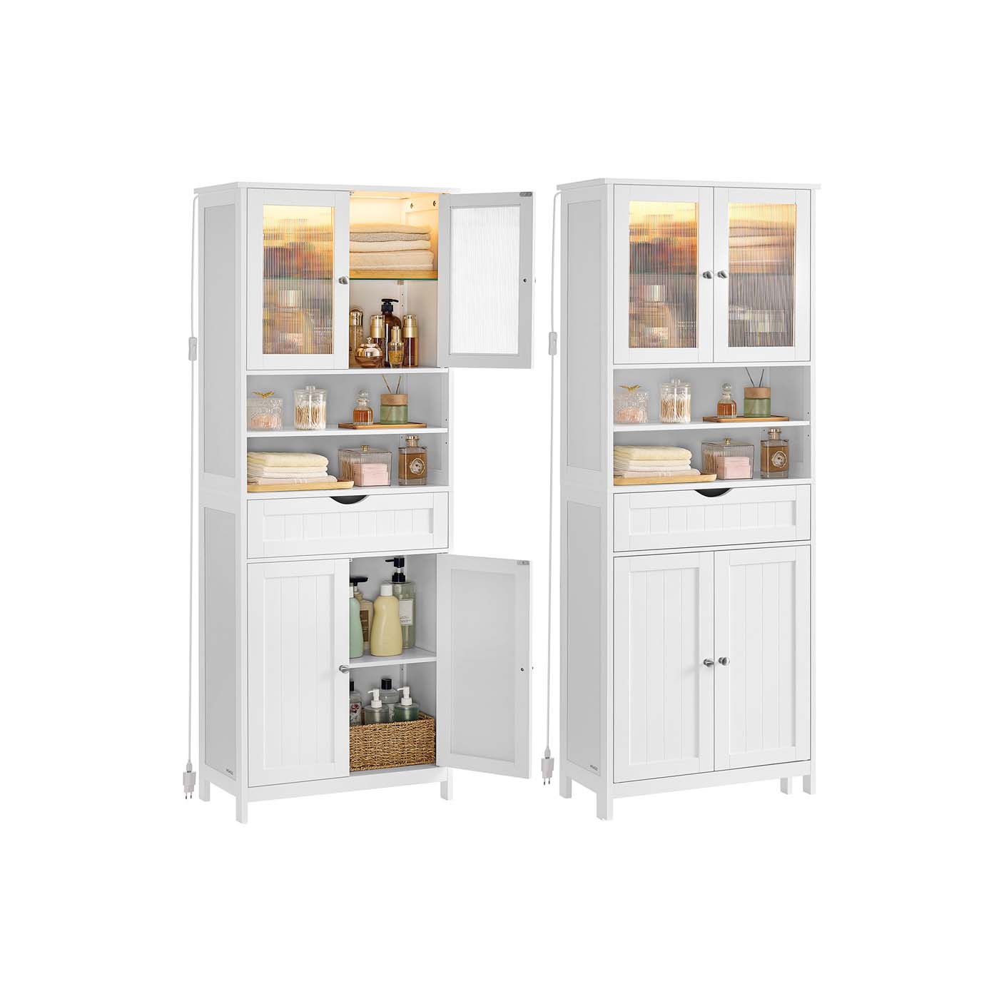 Vonios spintelė su lentynomis, stalčiumi ir atvirais skyriais, balta Vonios spintelė su lentynomis, stalčiumi ir atvirais skyriais, balta