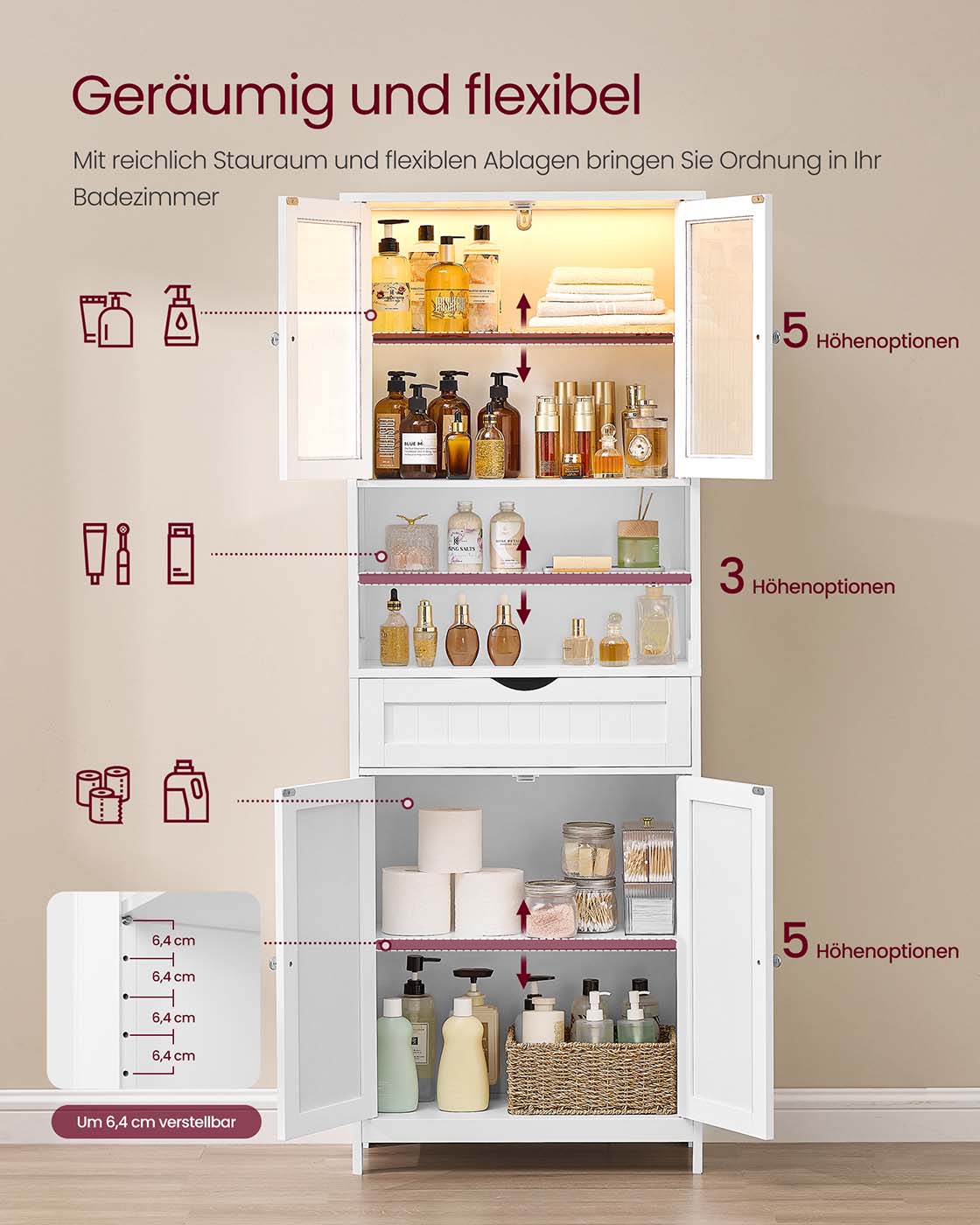 Vonios spintelė su lentynomis, stalčiumi ir atvirais skyriais, balta 4 Vonios spintelė su lentynomis, stalčiumi ir atvirais skyriais, balta 4