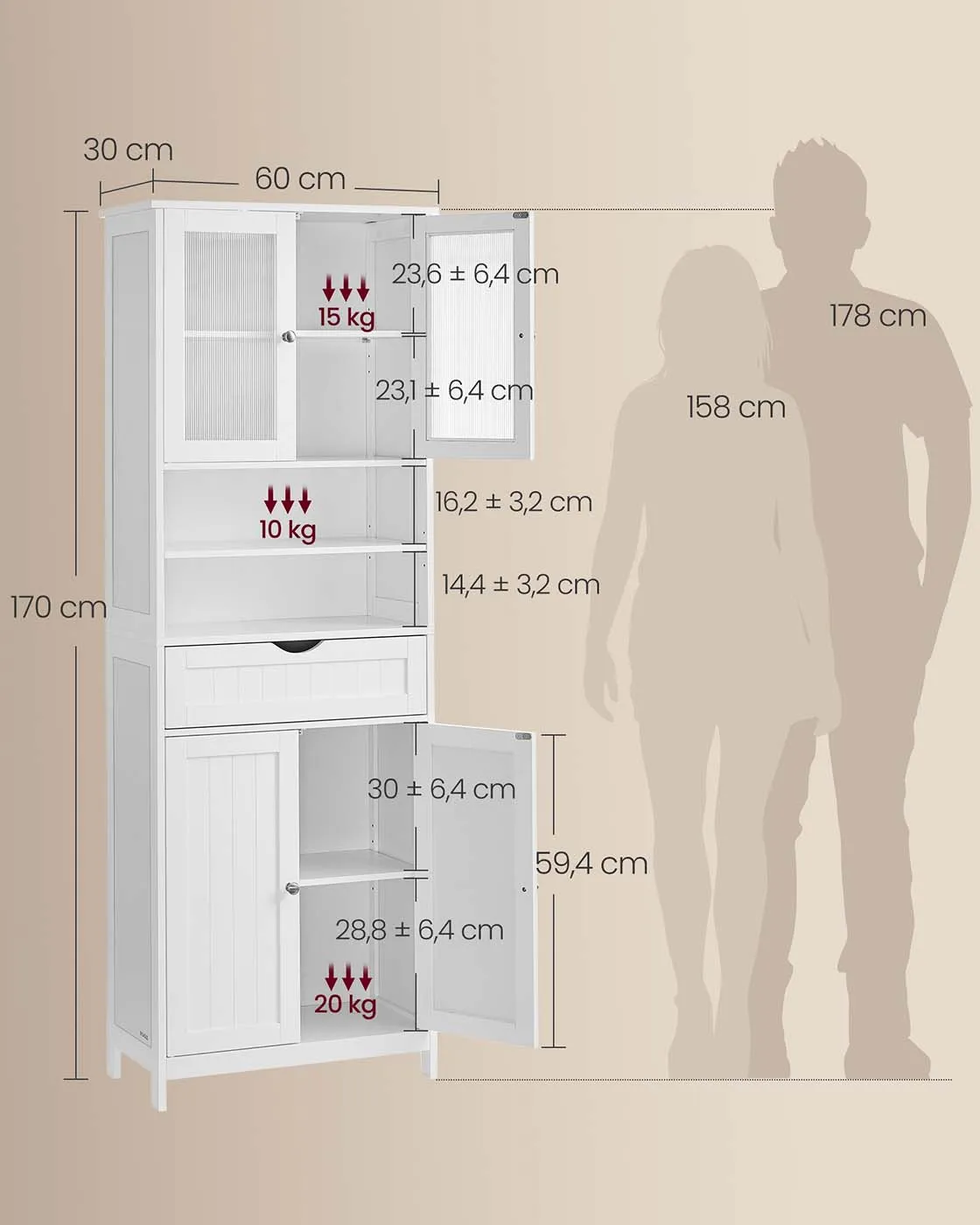 Vonios spintelė su lentynomis, stalčiumi ir atvirais skyriais, balta 60×170 cm Vonios spintelė su lentynomis, stalčiumi ir atvirais skyriais, balta 60×170 cm Pastatomos spintelės