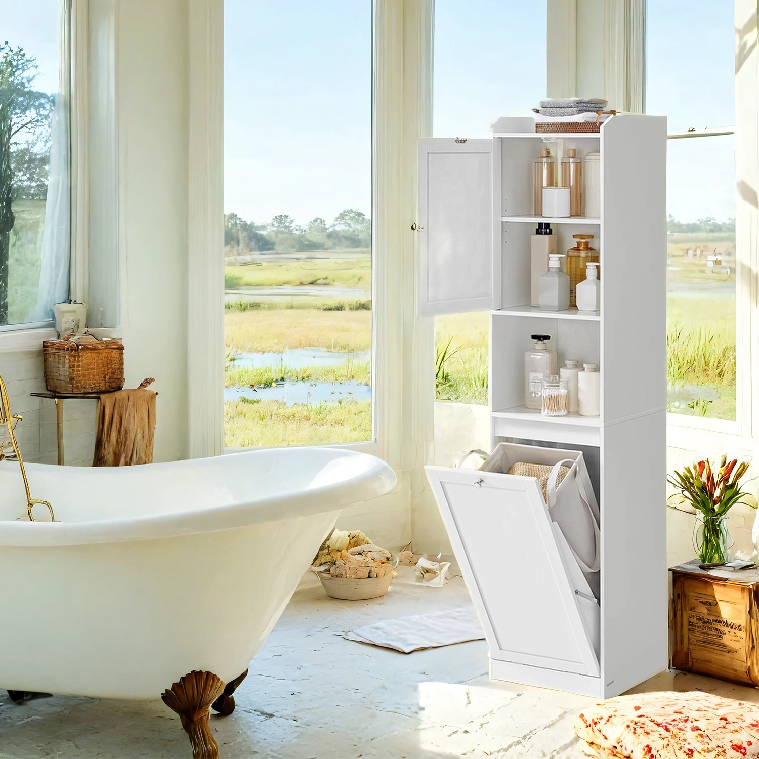 Vonios spintelė su skalbinių krepšiu, 170 cm, balta 2 Vonios spintelė su skalbinių krepšiu, 170 cm, balta 2