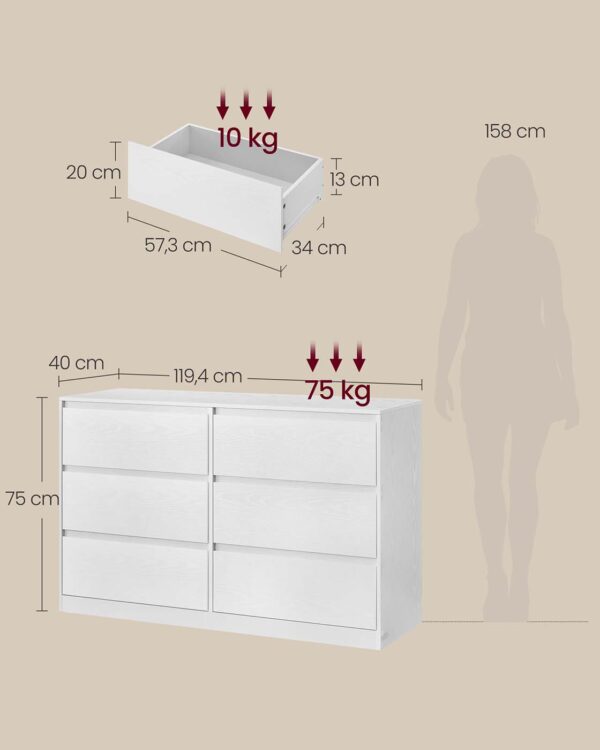 Komoda su šešiais stalčiais miegamajam balta minimalistinė 6
