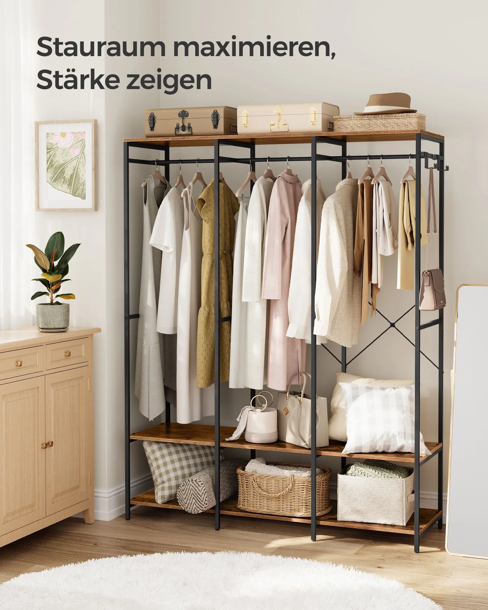 Atvira spinta drabužių kabykla, vintažinės rudos spalvos, 141 cm pločio Atvira spinta drabužių kabykla, vintažinės rudos spalvos, 141 cm pločio Akcija