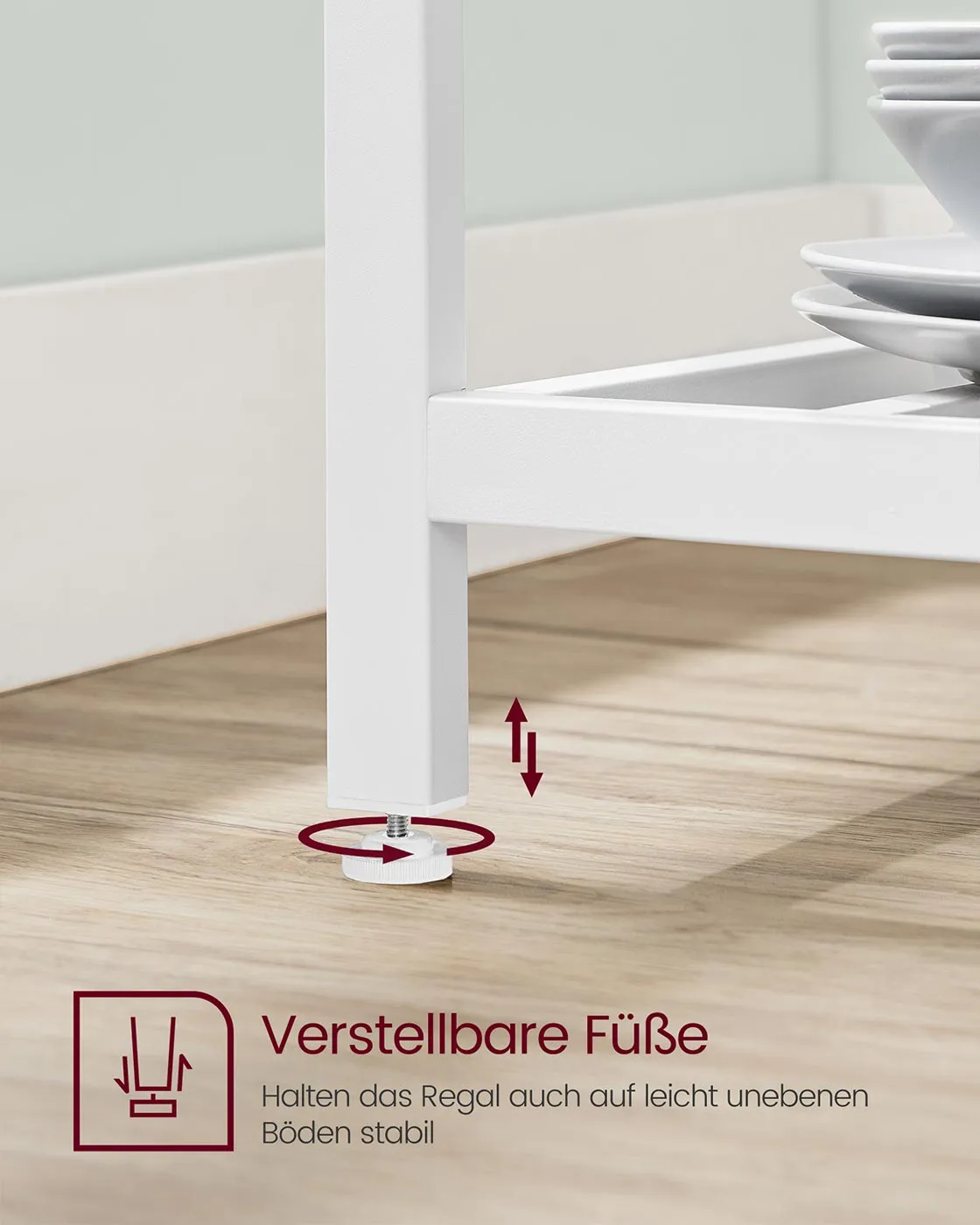 Pastatoma virtuvės lentyna su baltu plieniniu rėmu ir rudu stalviršiumi Pastatoma virtuvės lentyna su baltu plieniniu rėmu ir rudu stalviršiumi Lentynos
