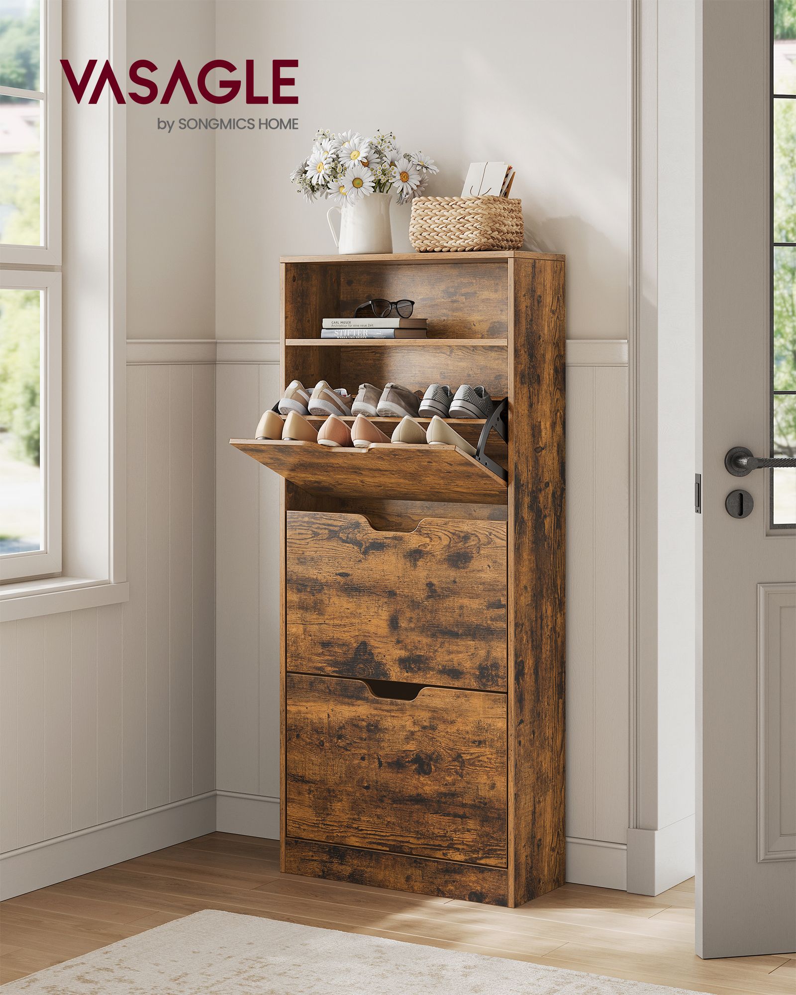 Batų spintelė su 3 stalčiais, vintažinės rudos spalvos 130cm aukščio 2 Batų spintelė su 3 stalčiais, vintažinės rudos spalvos 130cm aukščio 2