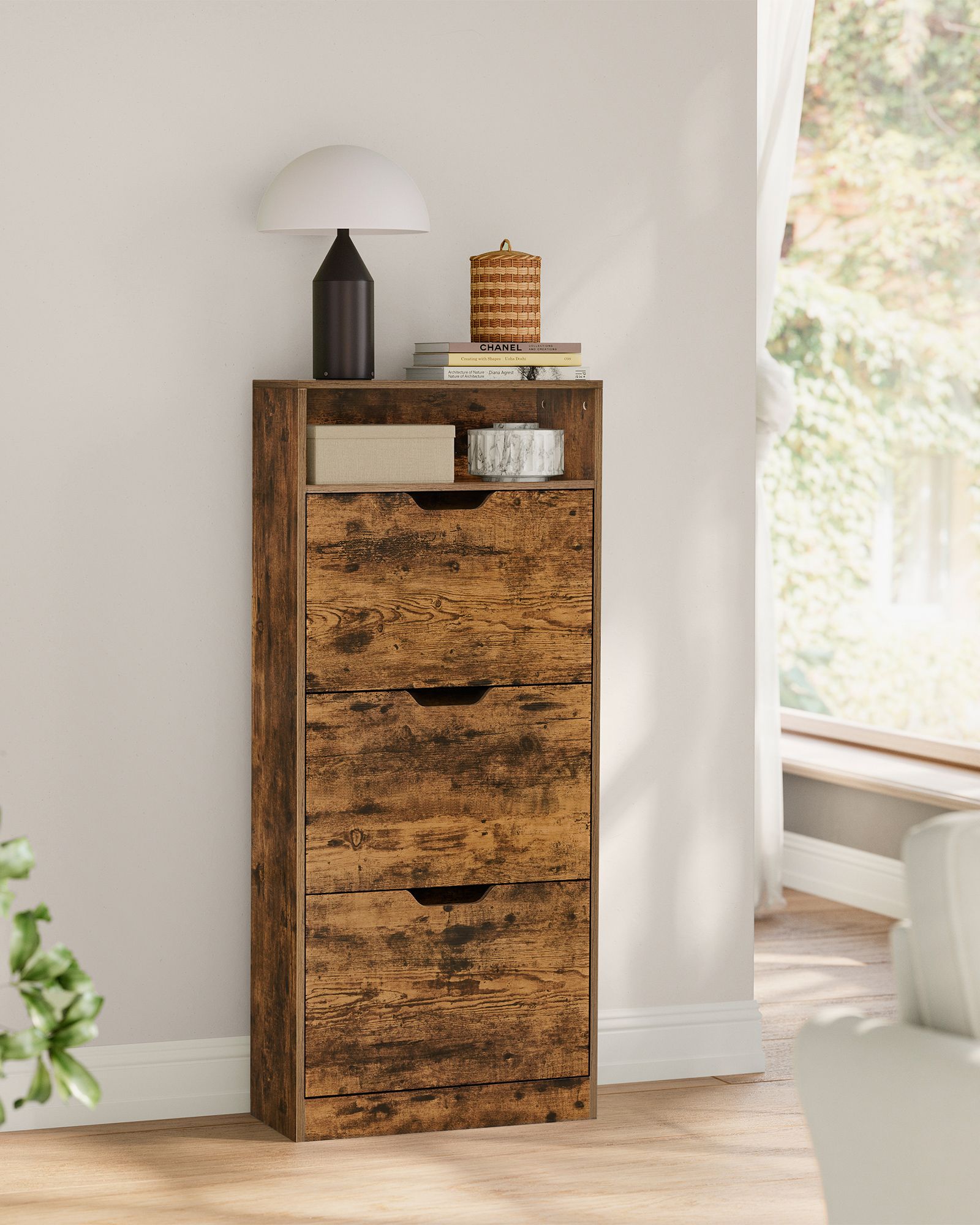 Batų spintelė su 3 stalčiais, vintažinės rudos spalvos 130cm aukščio 3 Batų spintelė su 3 stalčiais, vintažinės rudos spalvos 130cm aukščio 3