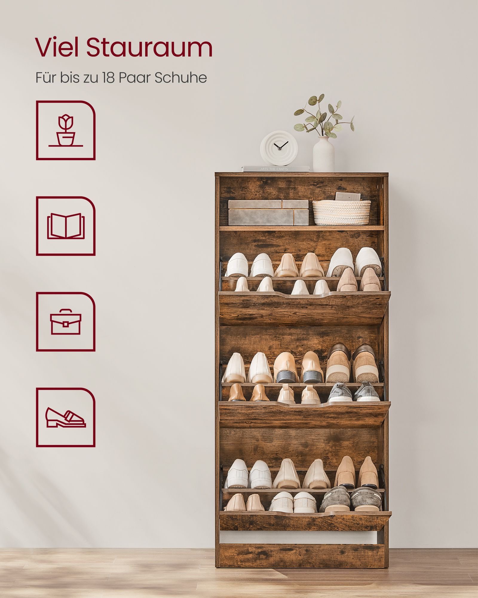 Batų spintelė su 3 stalčiais, vintažinės rudos spalvos 130cm aukščio 4 Batų spintelė su 3 stalčiais, vintažinės rudos spalvos 130cm aukščio 4