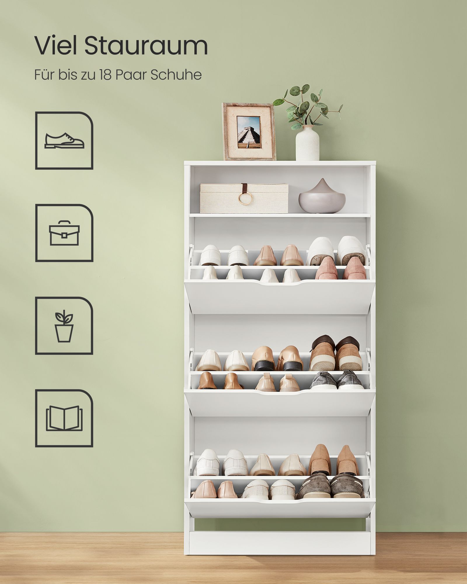 Batų spintelė su 3 atverčiamais stalčiais, balta, 60 × 139 cm 4 Batų spintelė su 3 atverčiamais stalčiais, balta, 60 × 139 cm 4