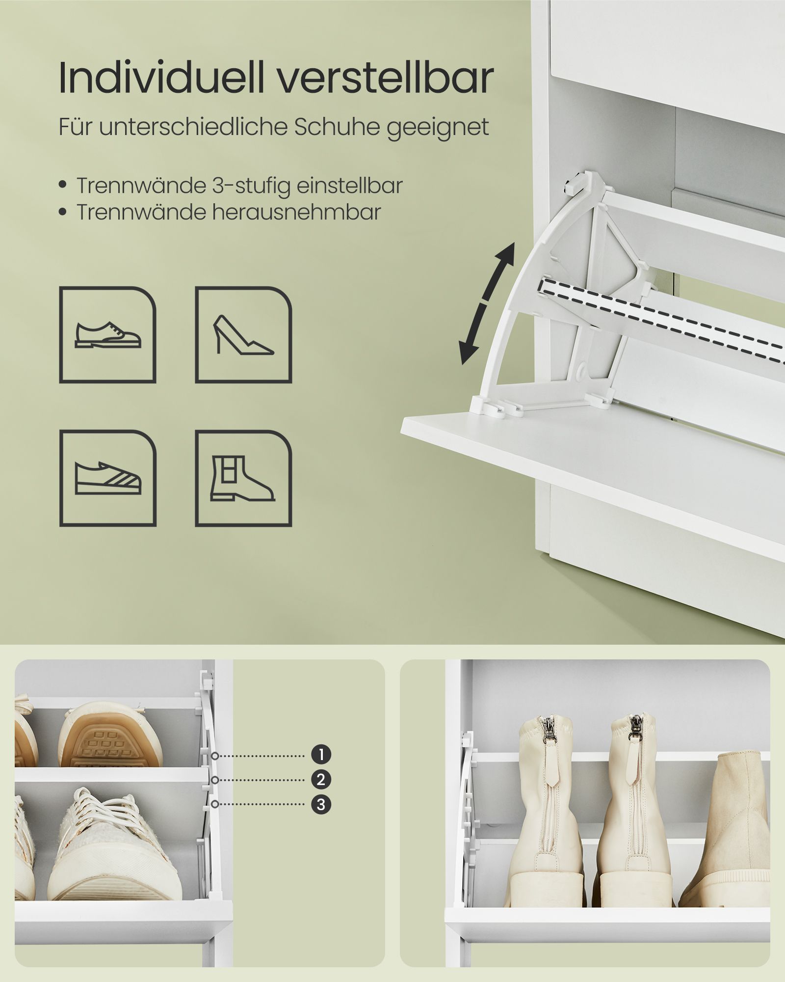 Batų spintelė su 3 atverčiamais stalčiais, balta, 60 × 139 cm 5 Batų spintelė su 3 atverčiamais stalčiais, balta, 60 × 139 cm 5