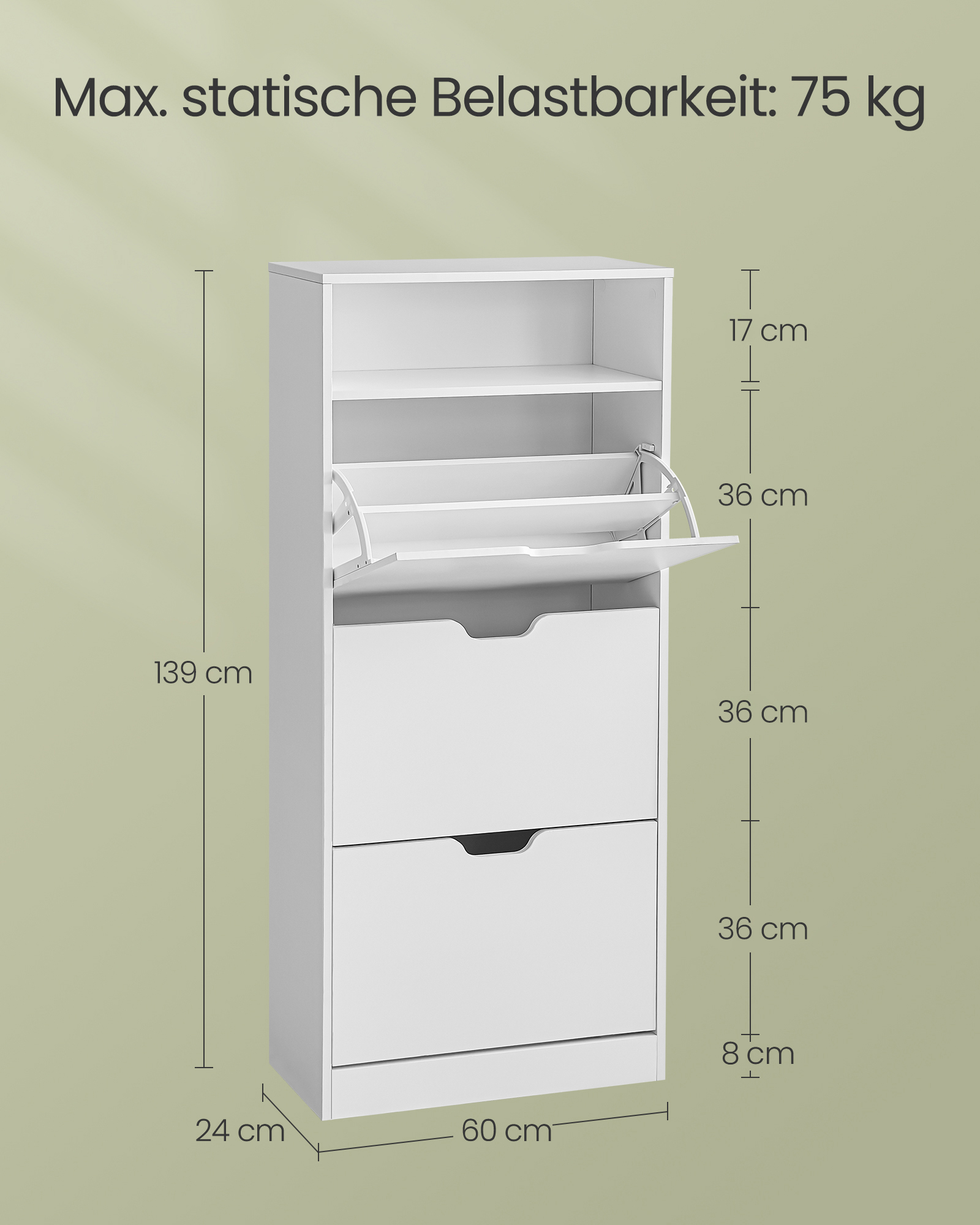 Batų spintelė su 3 atverčiamais stalčiais, balta, 60 × 139 cm 7 Batų spintelė su 3 atverčiamais stalčiais, balta, 60 × 139 cm 7