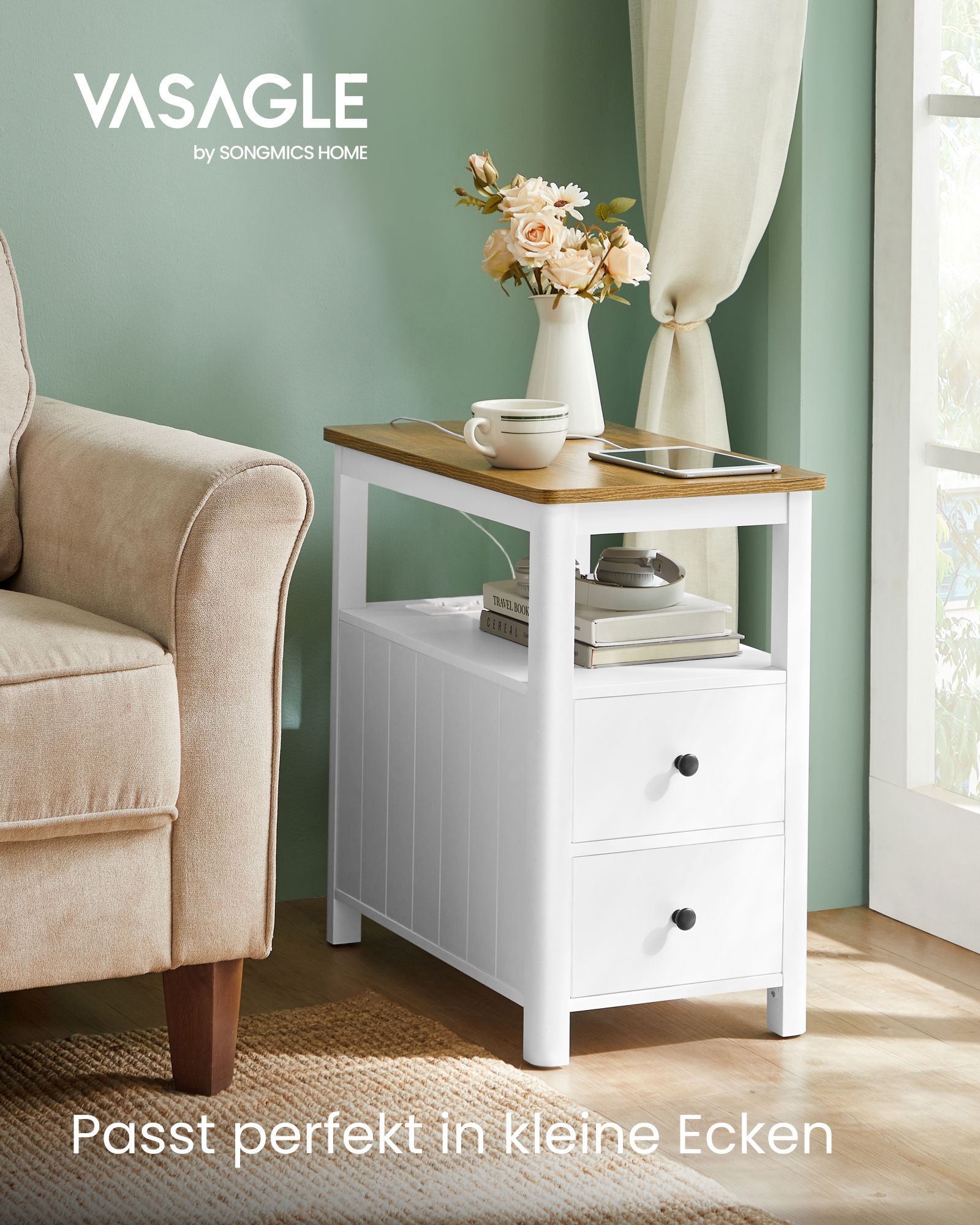 Siauras šoninis staliukas riešuto rudos ir baltos spalvos, tinkantis mažoms erdvėms 2 Siauras šoninis staliukas riešuto rudos ir baltos spalvos, tinkantis mažoms erdvėms 2