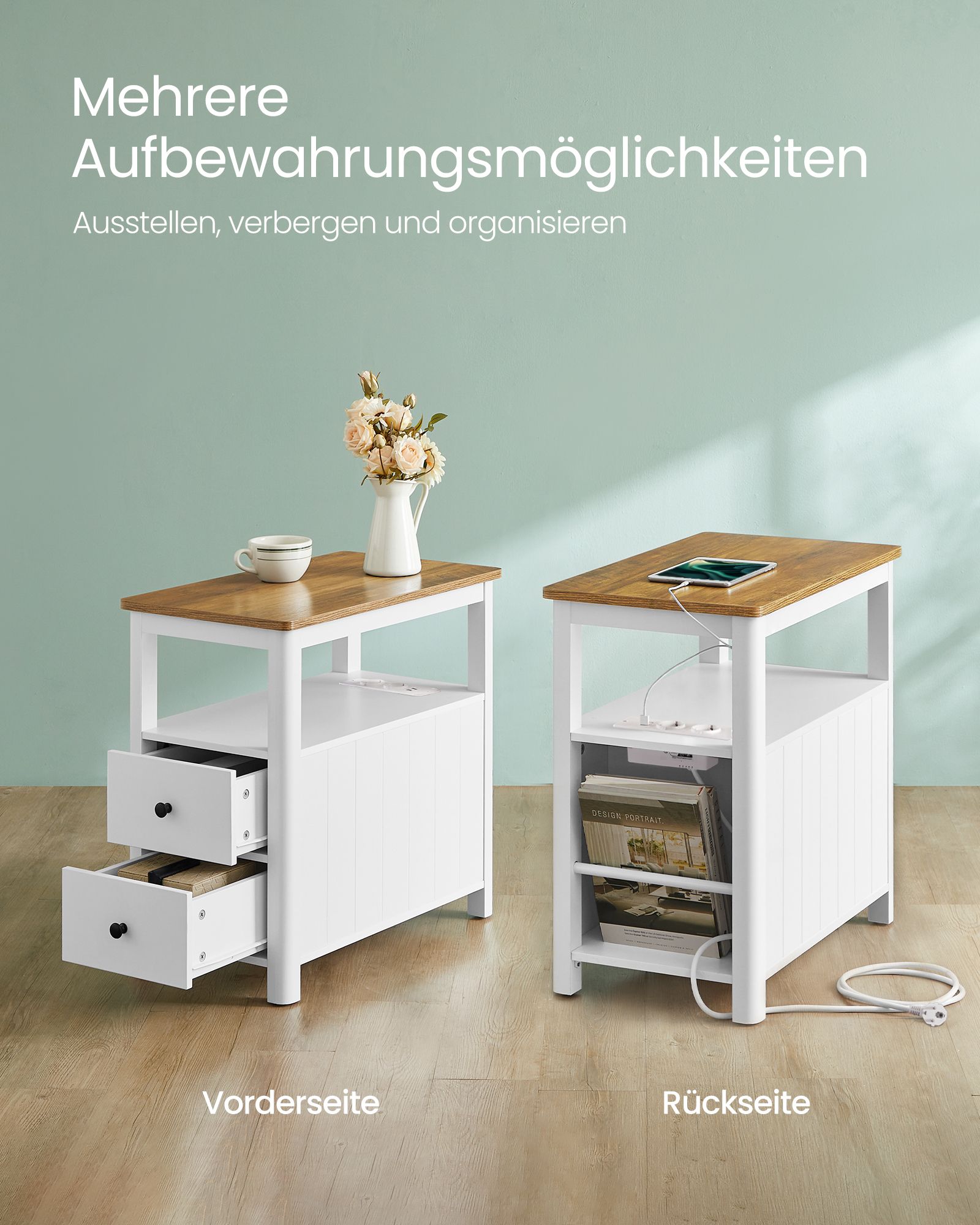 Siauras šoninis staliukas riešuto rudos ir baltos spalvos, tinkantis mažoms erdvėms 6 Siauras šoninis staliukas riešuto rudos ir baltos spalvos, tinkantis mažoms erdvėms 6