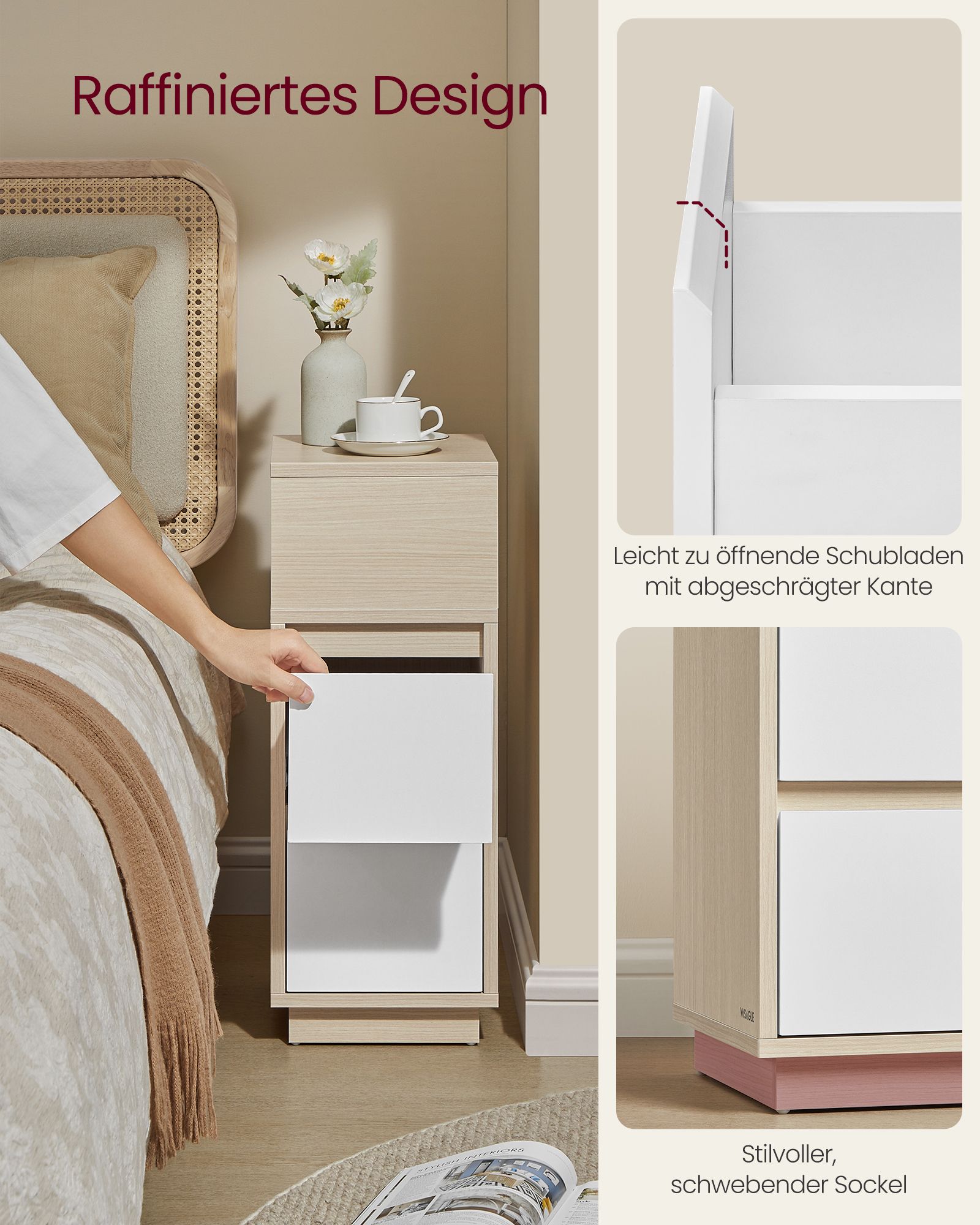 Siauri naktiniai staliukai, 2 dalių komplektas su stalčiais, smėlio–baltos spalvos 5 Siauri naktiniai staliukai, 2 dalių komplektas su stalčiais, smėlio–baltos spalvos 5