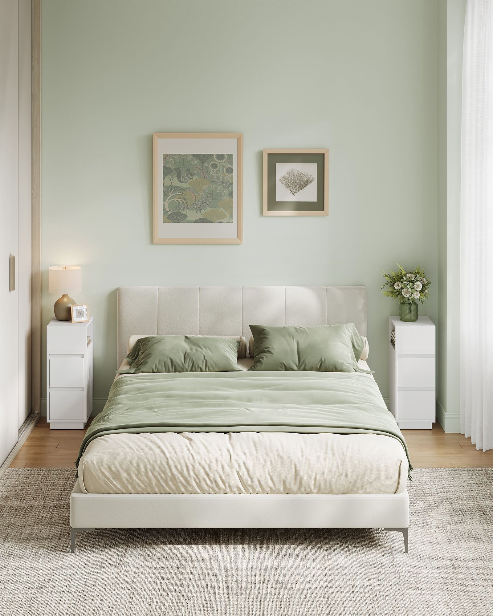 Siauri naktiniai staliukai, 2 dalių komplektas su stalčiais, baltos spalvos 2 Siauri naktiniai staliukai, 2 dalių komplektas su stalčiais, baltos spalvos 2